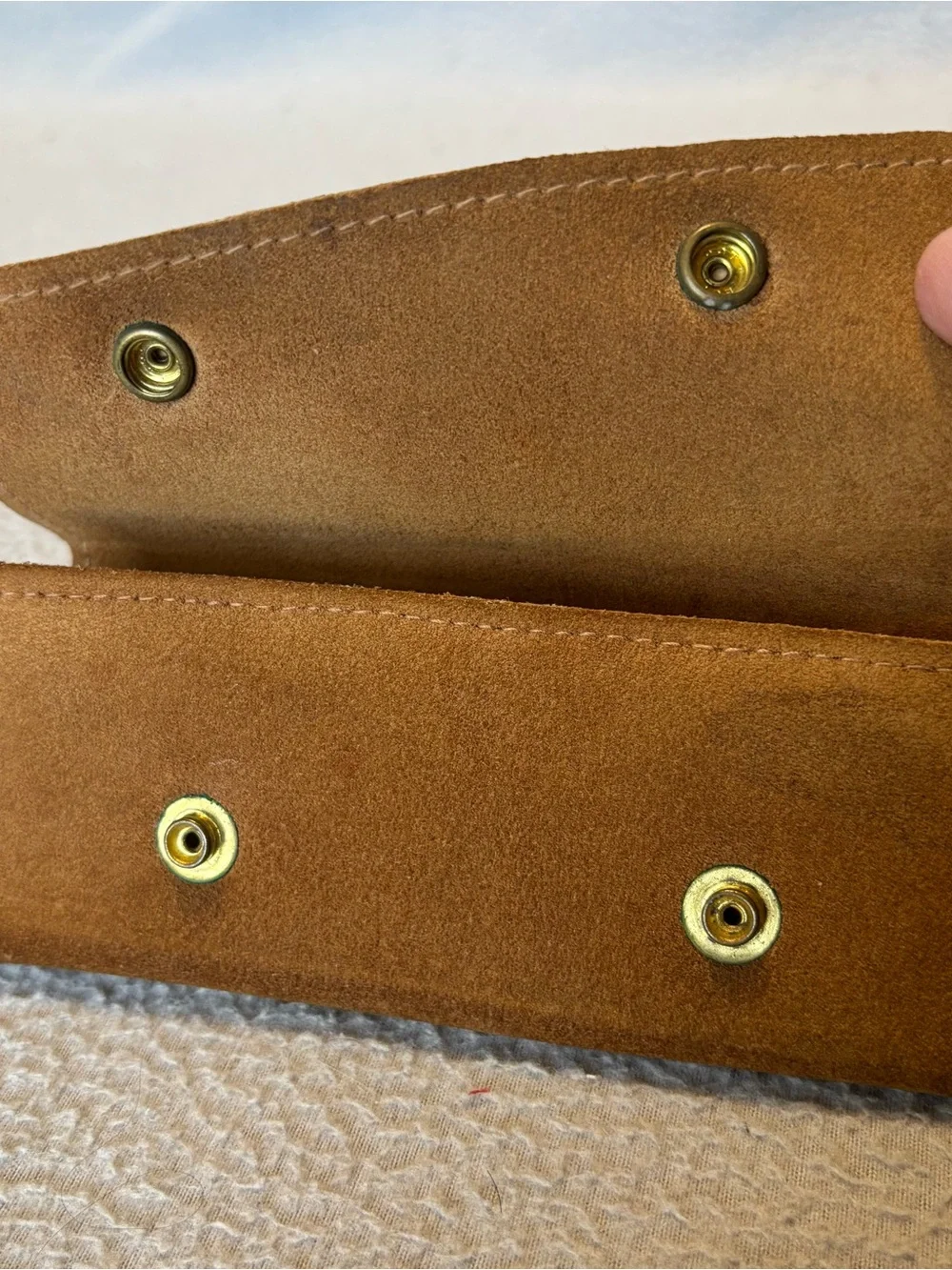 Vtg. Brown Cowhide Suede Leather Trifold Utility Wallet Clutch with Brass Studs